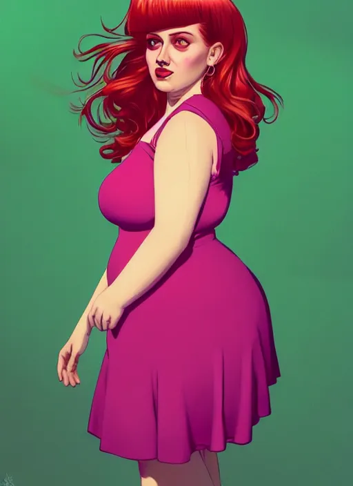 Image similar to full body portrait of teenage cheryl blossom, obese, bangs, green eyes, sultry expression, red hair, sultry smirk, bangs and wavy hair, pink skirt, fat, intricate, elegant, glowing lights, highly detailed, digital painting, artstation, concept art, smooth, sharp focus, illustration, art by wlop, mars ravelo and greg rutkowski