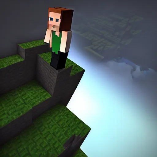 Image similar to Steve from Minecraft, Steve is falling into a terrifying dark abyss, dramatic lighting, dramatic angle