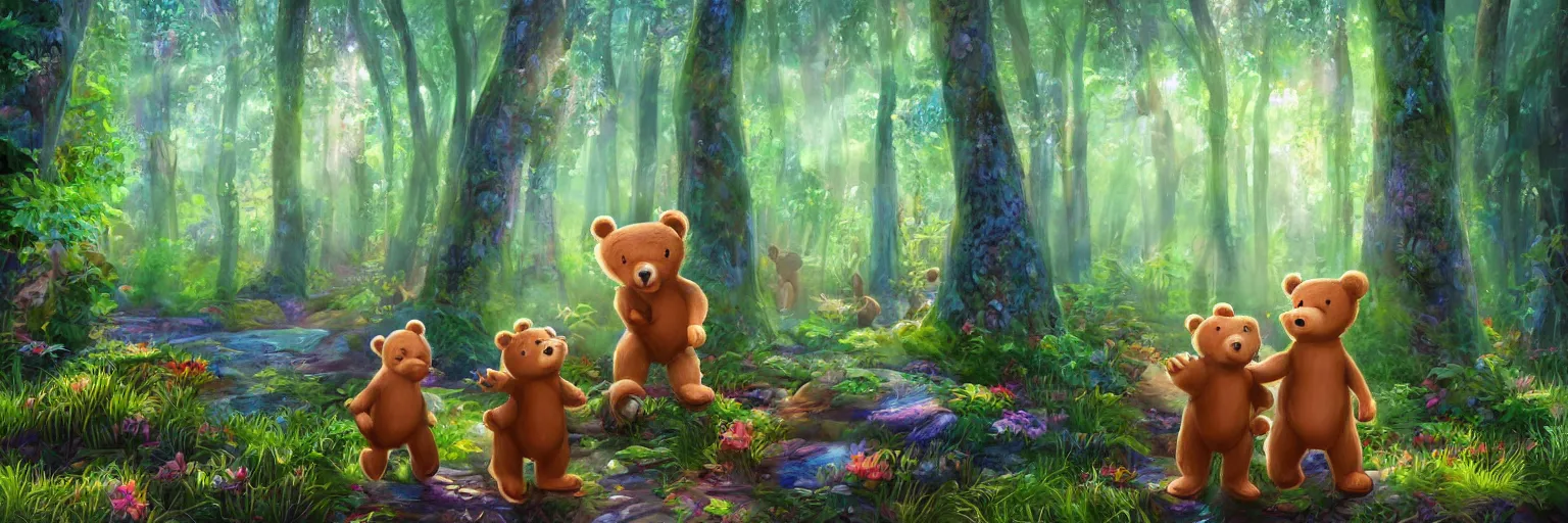 Image similar to a lodge in the middle of a magical forest with two cute humanoid bear cubs standing in front of it, light rays are shining through the leaves of the trees above, magical environment, beautiful light. trending on artstation 4 k award winning artwork of an unknown artist. vivid colors. detailed painting. kids book illustration.