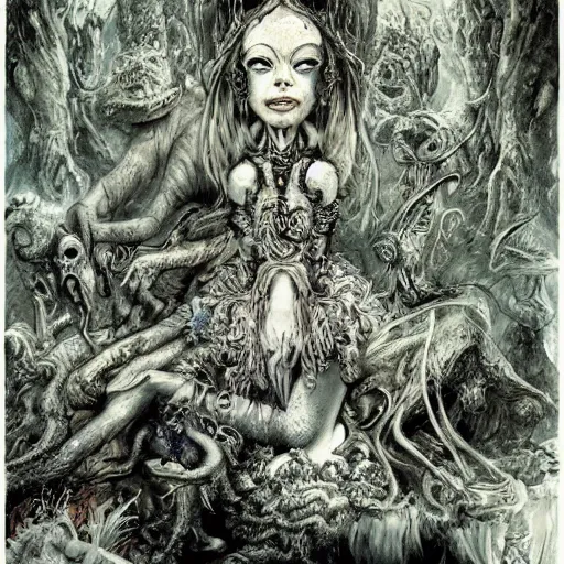 Image similar to monsters in alice in wonderland tripping on ayahuasca with faces in the background, intricate detail, painting, royo, frazetta, whealan,