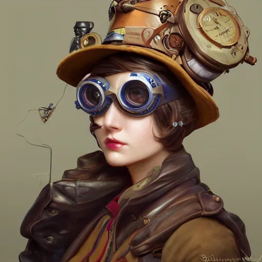 Image similar to Three quarters portrait of a steampunk grannie, poofy hat, goggles, highly detailed, digital painting, art by Stanley Lau and Artgerm and magali villeneuve and Alphonse Mucha, artstation, octane render, cgsociety