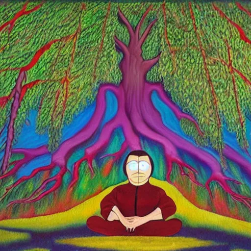 Prompt: A painting of mr mackey from south park meditating under a tree designed by flooko, alex grey,