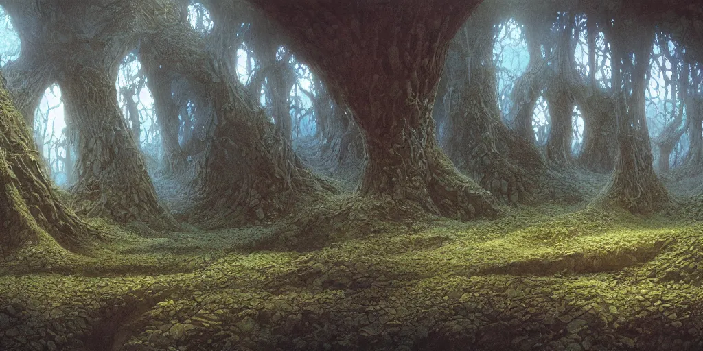 Image similar to Artwork by John Howe of the cinematic view of the Celestial Forest of Buried Enchantments.