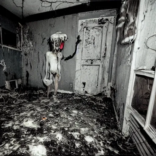 Image similar to 1 9 9 3, disposable camera, flash, old abandoned house, creature, standing, meat, ooze, slime, veins, wet