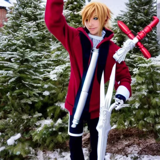 Prompt: of sora cosplay holding keyblade with snow background