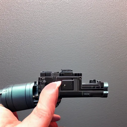 Prompt: a photo of a futuristic, 3 d printed rail gun, shot on the camera of an iphone 1 2.