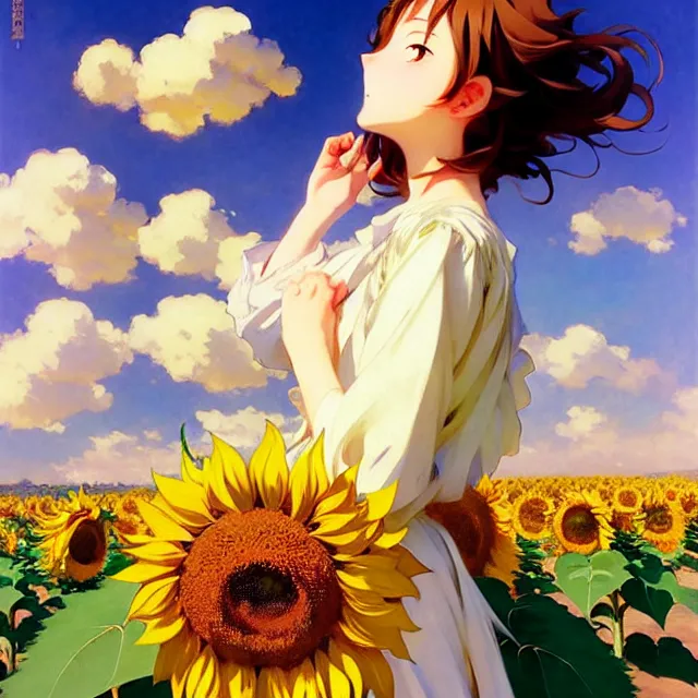 Image similar to beautiful sunflower anime girl, clouds, krenz cushart, mucha, ghibli, by joaquin sorolla rhads leyendecker, by ohara koson