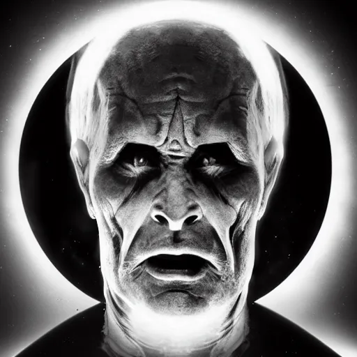 Prompt: a webspace telescope image photograph of evil, satan, the creator of evil, face shown, with intense chiaroscuro lighting perfect composition, scary, award winning photograph, the original conscious, mean look, a cold face, terrifying, hate, cold