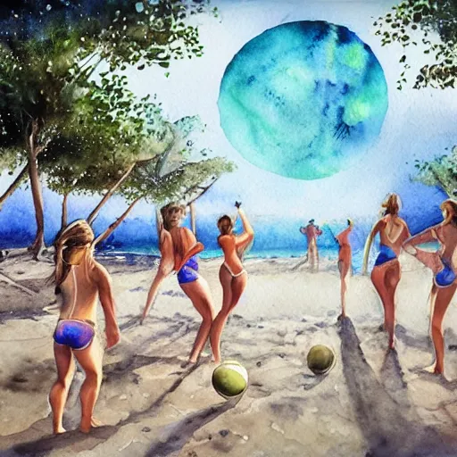 Image similar to on jupiter's moon, beach volleyball babes, botanic watercolors, iridescent, 8 k wide angle, realistic shaded, fine details, artstation, italian, oak tree, hydrangea, fun, party atmosphere