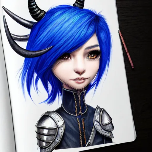 Prompt: illustrated realistic portrait female prong-horned kobold with blue bob hair and solid dark eyes wearing strap leather armor by rossdraws