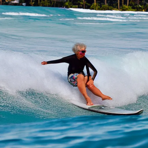 Image similar to grandma surfing a wave at teahupo'o
