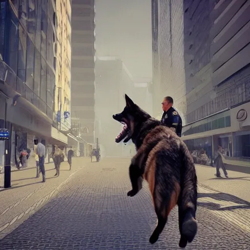 Image similar to police officer riding a giant German shepherd in the city, trending on artstation