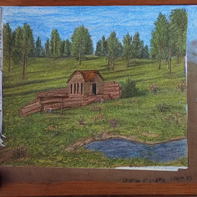 Image similar to abandoned church in a forest flower meadow with a pond landscape, colored pencil drawing