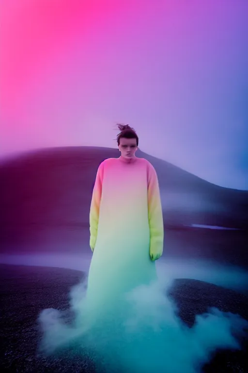 Image similar to high quality pastel coloured film close up wide angle photograph of a model wearing clothing resting on cloud furniture in a icelandic black rock!! environment in a partially haze filled dreamstate world. three point light, rainbow. photographic production. art directed. pastel colours. volumetric clouds. pastel gradient overlay. waves glitch artefacts. extreme facial clarity. 8 k. filmic.