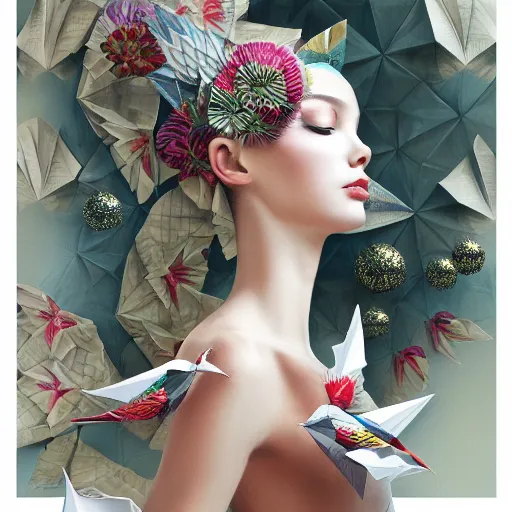 Image similar to 3 / 4 view of a beautiful girl wearing an origami dress, eye - level medium shot, fine floral ornaments in cloth and hair, hummingbirds, elegant, by eiko ishioka, givenchy, by peter mohrbacher, centered, fresh colors, origami, fashion, detailed illustration, vogue, japanese, reallusion character creator