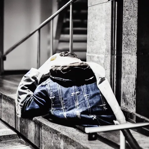 Prompt: man lying down in a stairwell, carrying cursed denim jacket of Popeda, cursed half-used bottle of alcohol and cursed message from ex-wife
