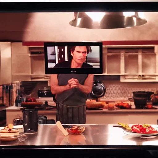 Image similar to frame of a television cooking show, cinematic light, epic composition, fine details, by quentin tarantino