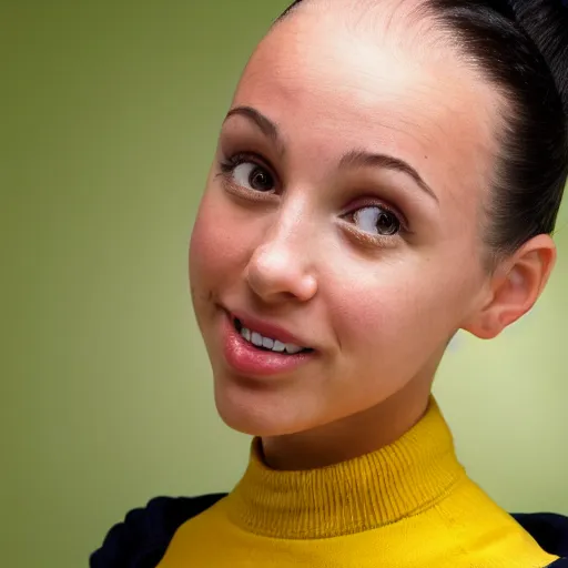 Image similar to girl with black hair in a ponytail and brown eyes, bigger forehead, photo, in a yellow striped dress