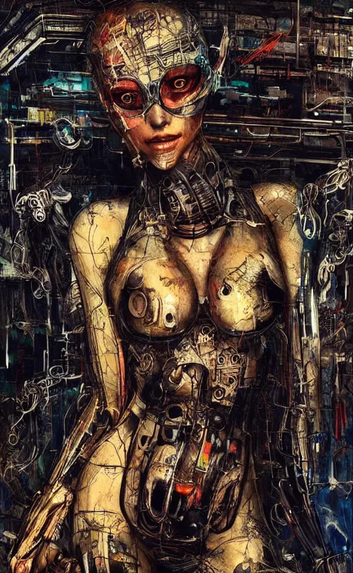 Image similar to beautiful women made of mech mask rendered in unreal engine, cyberpunk, full body, dark, rave, scifi, painted by albrecht durer | bernard buffet | carne griffiths | wlop