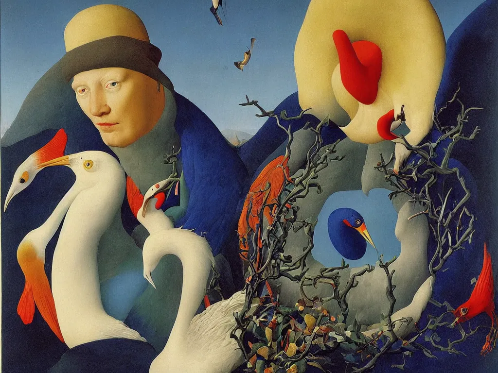 Prompt: Portrait of albino mystic with blue eyes, with exotic beautiful crane. Painting by Jan van Eyck, Audubon, Rene Magritte, Agnes Pelton, Max Ernst, Walton Ford