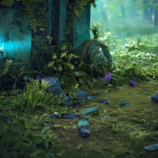 Image similar to side view of a beautiful abandoned tombstone with an embedded emerald, overgrown foliage with flowers taking over it, close - up, 3 5 mm, biopunk, bokeh, beautiful, lens flare, emotional, detailed, picture, trending on artstation, award - winning, shiny, golden, angle view, octane render