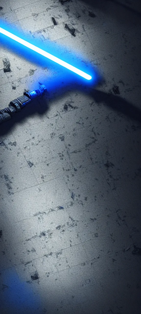 Image similar to detailed cinematic render, of a blue cyberpunk lightsaber lying vertically on a detailed abandoned shrine floor, in a dark room, photo from above, octane render 8 k, digital art, lightsaber wallpaper 4 k, ray tracing, jedi fallen order lightsaber wallpaper 4 k, cal kestis lightsaber wallpaper