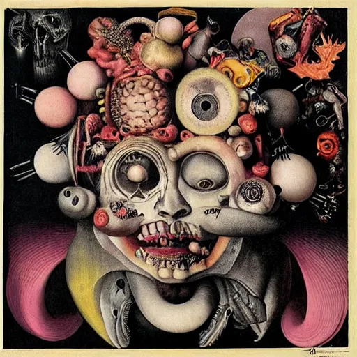 Prompt: post - punk new age album cover, asymetrical design, magic, apocalypse, psychedelic, black white pink, magic, giger h. r., giuseppe arcimboldo