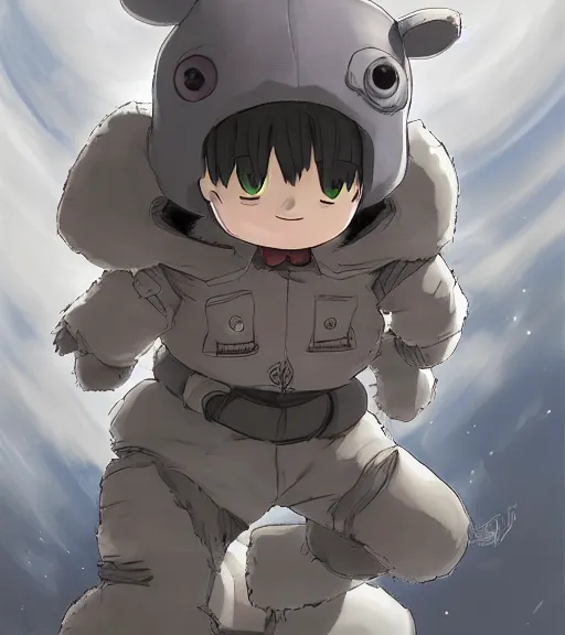 Image similar to attractive little boy wearing an cyborg bear suit, artwork in kentaro miura and made in abyss and inazuma eleven, smooth, beautiful lightness, anatomically correct, trending on pixiv, perfect composition