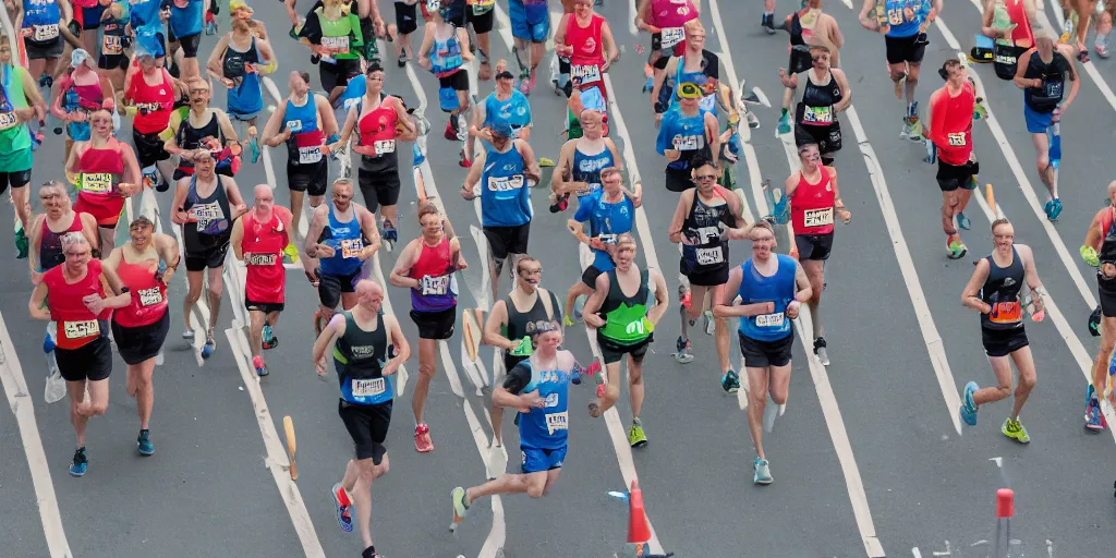 Image similar to photograph of long row of marathon runners, start line, advertising campaign, muted colours, studio backdrop, diverse people