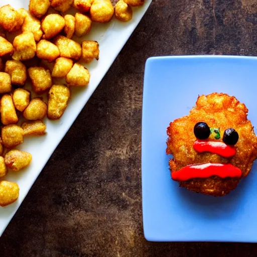 Image similar to food photo of channing tatum's face as tater tot on a plate with ketchup