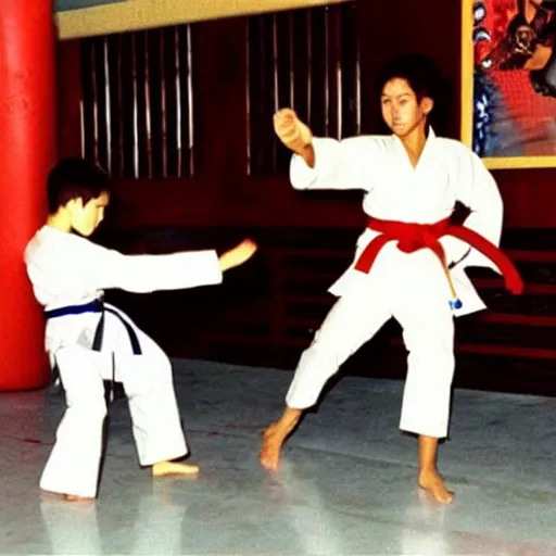 Image similar to the karate kid fighting super mario in a chinese restaurant on the 4 th of july 1 9 8 9