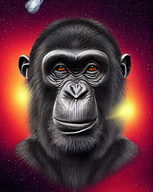 Image similar to very detailed high resolution illustration portrait of a chimpanzee head floating in space, backlit, night covered in stars, 3 d, 8 k, extremely detailed, artstation, furaffinity award winning