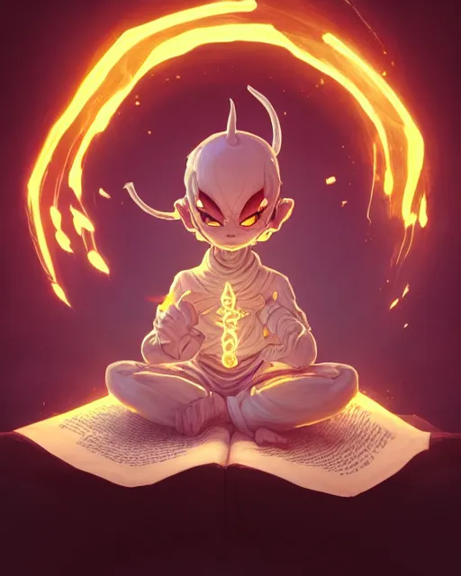 Image similar to a tiny adorable demon meditating, wrapped in sacred parchment with glowing text, smooth, intricate, elegant, digital painting, artstation, power runes, pulsing energy, concept art, sharp focus, octane render, illustration, art by shintaro kago and beeple, overwatch character,