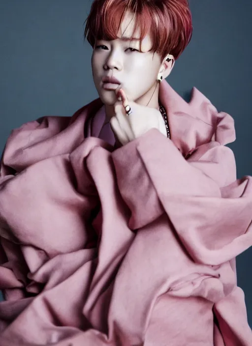 Image similar to jimin styled by nick knight posing, couture, canon, vogue magazine, highly realistic. high resolution. highly detailed. dramatic. 8 k. 4 k.