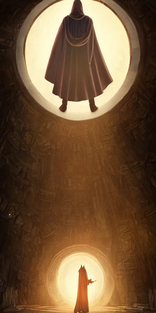 Image similar to a wizard in a cloak standing in front of a portal to wisdom, tall door, high ceiling, magic light, light beam, cinematic atmosphere, high definition, ultra detailed