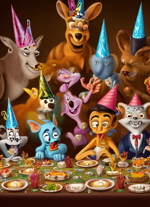 Image similar to highly detailed group closeup portrait of max fleischer cartoon animals having a birthday party banquet in a castle, unreal engine, max fleischer, nicoletta ceccoli, mark ryden, earl norem, lostfish, global illumination, god rays, detailed and intricate environment