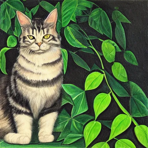 Prompt: a reneissance painting of a maincoon cat among big green leaves, wearing a batman cowl, very detailed, in the style of mantegna