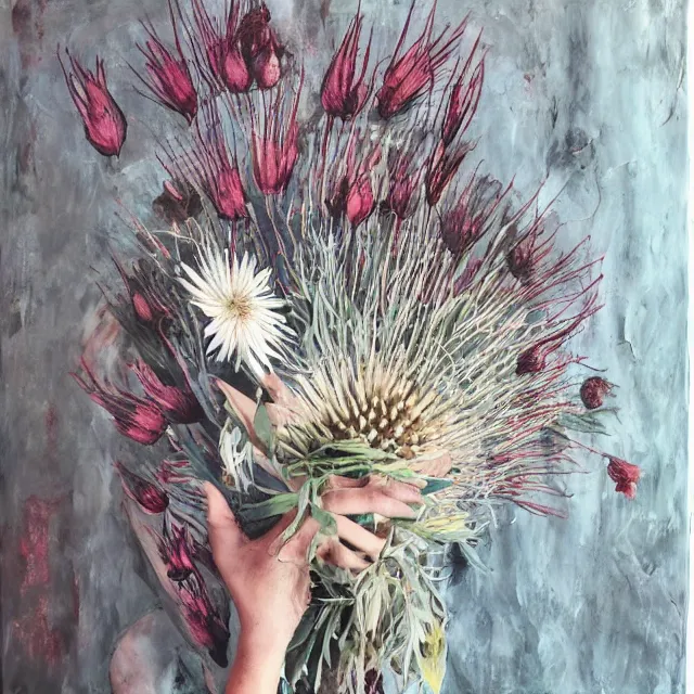 Image similar to “ a portrait in a female art student ’ s apartment, australian wildflowers, sensual, queer woman, flax, flannel flower, bottlebrush, eucalyptus, art supplies, a candle dripping white wax, clay, squashed berries, berry juice drips, acrylic and spray paint and oilstick on canvas, surrealism, neoexpressionism ”