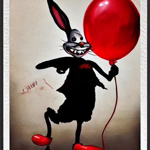 Image similar to grunge painting of bugs bunny with a wide smile and a red balloon by chris leib, loony toons style, pennywise style, corpse bride style, horror theme, detailed, elegant, intricate