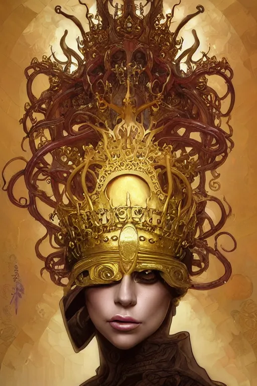 Image similar to Lady Gaga , a golden crown floating above his head, tentacles coming out the ground art by Artgerm and Greg Rutkowski and Alphonse Mucha and Craig Mullins and James Jean and Andrei Riabovitchev and Marc Simonetti and peter mohrbacher, sharp focus, ominous, cosmic horror, trending on artstation, Ultra detailed, hyper realistic 4k