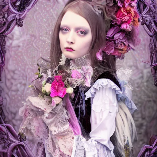 Image similar to Ethereal, mysterious stunning maximalist mesmerizing girl from the rainbow sky paradise, high-tech, professional high fashion model photo shoot for Victorian gothic lolita fashion, hyperdetailed by Mark Ryden and artgerm and Hiroyuki-Mitsume Takahashi, close-up 35mm macro shot, hyperrealism, 8k resolution 3D, cinematic, dynamic lighting, octane render, unreal engine 5