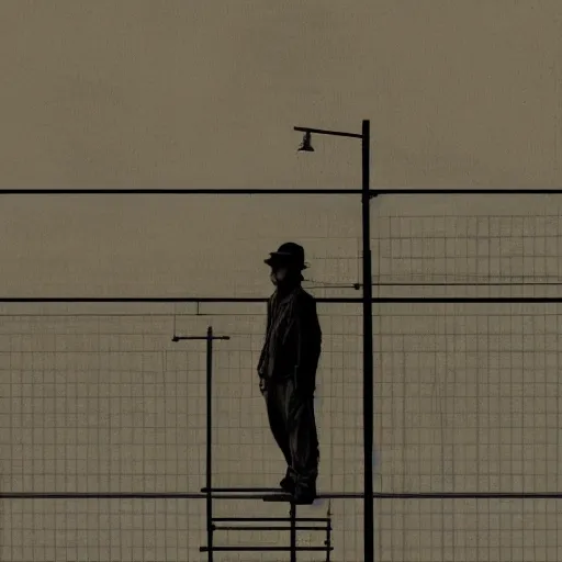 Prompt: a man standing in front of a high wire fence, by emiliano ponzi, dystopian art