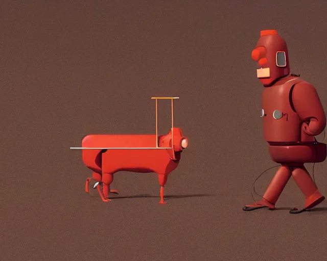 Prompt: Anthropomorphic Animatronic walking beef machine, painting by Grant Wood, 3D rendering by Beeple, directed by Wim Wenders, cinematography by Robby Müller