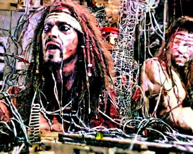 Prompt: rotten zombie jack sparrow [ covered in wires ] emerges from a cybercore portal in my disgusting room in the basement, 1 6 mm