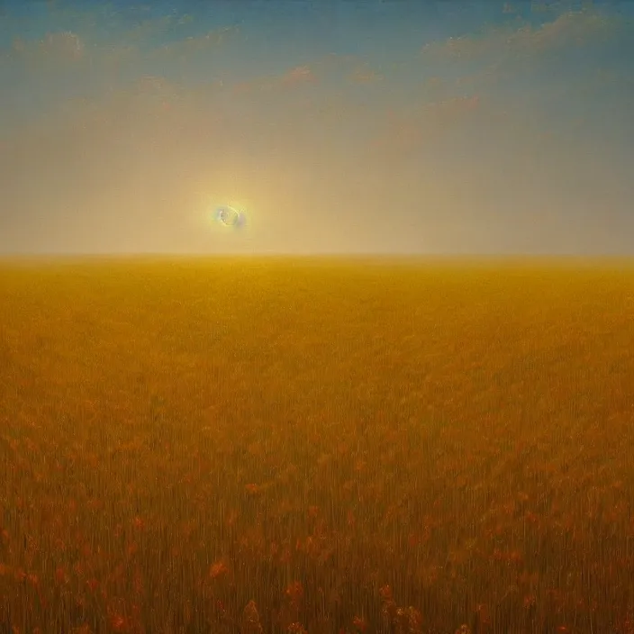 Prompt: a beautiful painting of a field of golden wheat by ivan aivazovsky, zdzisław beksinski, rene magritte, greg rutkowski, james gurney, in style of digital art. hyper detailed. octane render. maya. ray tracing. trending on artstation