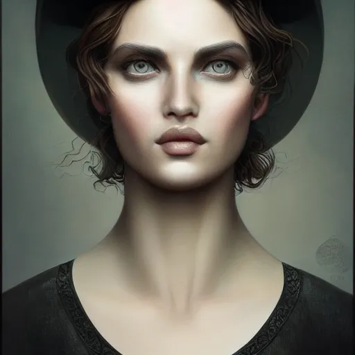 Image similar to tom bagshaw portrait, beautiful portrait of a woman with angel eyes in a suit, hair under a baseball cap, professionally retouched, focus eyes, ultra realistic soft painting, insanely detailed linework, symmetrical accurate intricate features, behance, 8 k