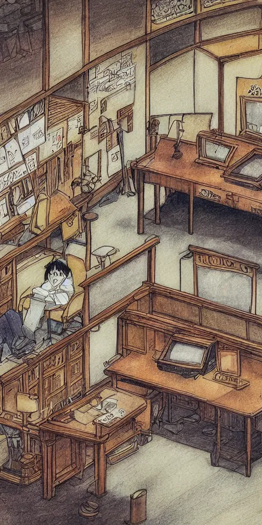 Prompt: a court room with a justice scale on the desk, drawn by a famous anime artist Hayao Miyazaki, high quality, fine lines, amazing detail. colored, intricate ink painting, the justice tarot card, concept art psychedelia,