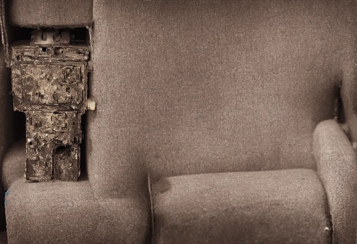 Prompt: An intimate extreme closeup photograph of one lonely robot sitting on a frayed recliner in front of a single beautiful fireplace in a Victorian home