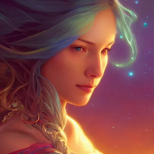 Image similar to aurora, girl with super long hair, hair becoming bright stars, intricate, highly detailed, digital painting, artstation, concept art, smooth, sharp focus, illustration, unreal engine 5, 8 k, art by artgerm and greg rutkowski and alphonse mucha