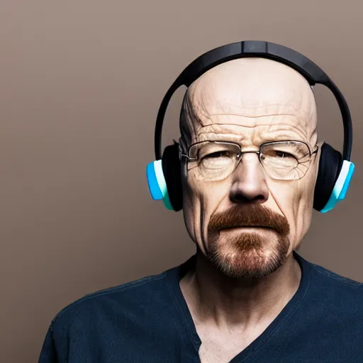 Image similar to professional head shot of walter white wearing a gaming headset and sitting in a gaming chair in a bedroom, 8 k, dslr, very detailed, very intricate,